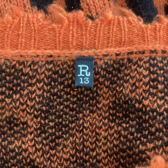 R13 Cashmere Sweater Orange Black Leopard Oversized Lg - Picture 9 of 12
